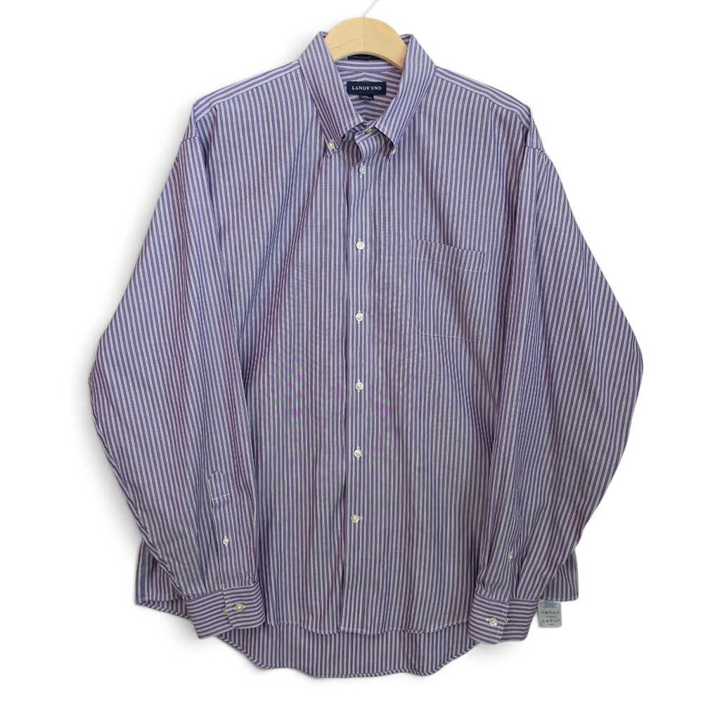 Lands End Dress Shirt Mens XL 17-17.5 Purple Stripe No Iron Pinpoint Oxford
